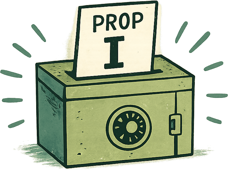 Illustration of a ballot box with a Prop I sign